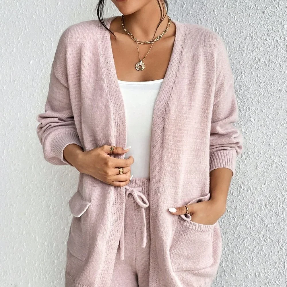 Pink Casual Womens Drop Shoulder Cardigan & Tie Front Knit Pants